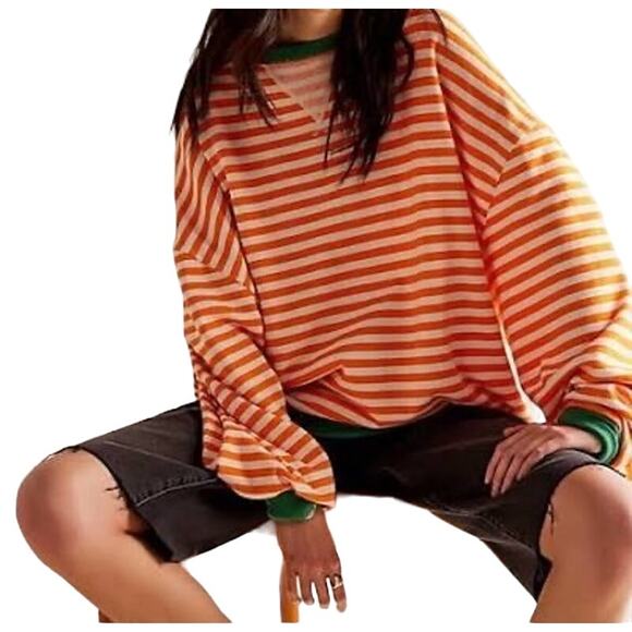 Free People-We the Free Tops - Free People We The Free Oversized Striped Crewneck Sweatshirt NWOT Orange/Green